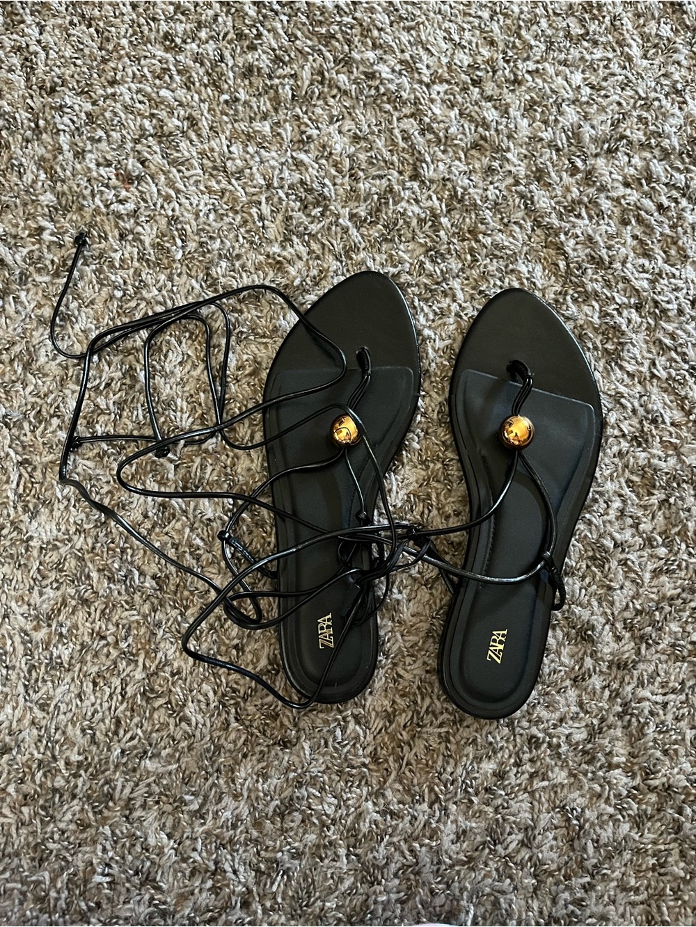 ZARA Black Lace-Up Flat Sandals with Gold Accent